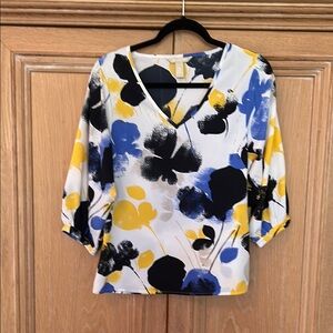 Banana Republic Factory Blue and Yellow Graphic 3/4 Sleeve Blouse